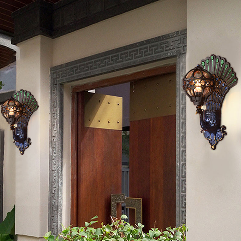 Clear Glass Sphere Wall Light Classic 1 Head Courtyard Wall Lighting Fixture with Peacock Backplate in Black