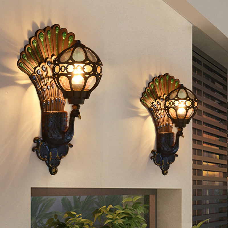 Clear Glass Sphere Wall Light Classic 1 Head Courtyard Wall Lighting Fixture with Peacock Backplate in Black