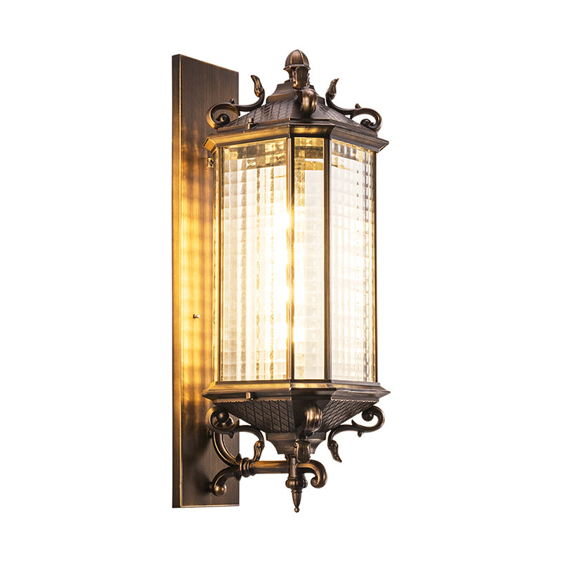 Bronze Rectangular Wall Mount Light Traditional Grid Glass Single Courtyard Wall Light Fixture
