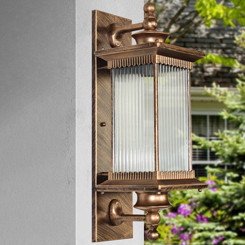 Vintage Rectangle Wall Light Fixture Single-Bulb Ribbed Glass Wall Mounted Lamp for Yard