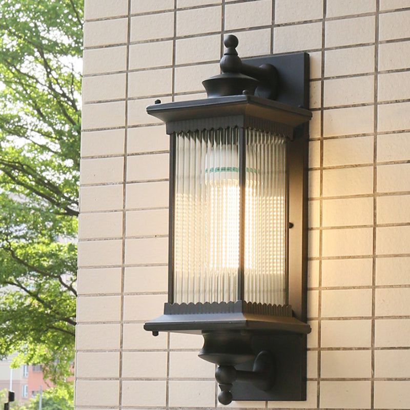 Single-Bulb Wall Mount Light Retro Rectangular Ribbed Glass Wall Lighting for Outdoor