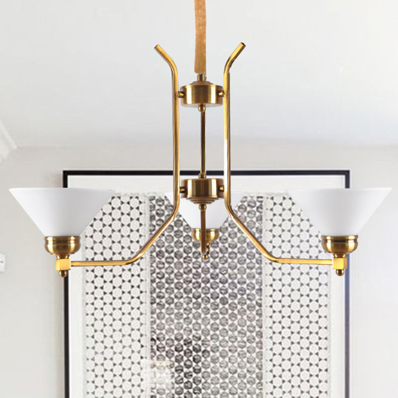 Cone White Glass Chandelier Lighting Traditional 3/6 Lights Living Room Pendant Lighting in Gold