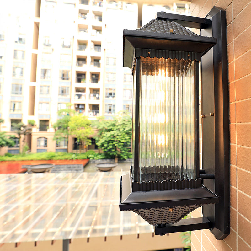 Ribbed Glass Rectangular Shade Wall Light Classic Single Outdoor Wall Lighting Fixture in Coffee