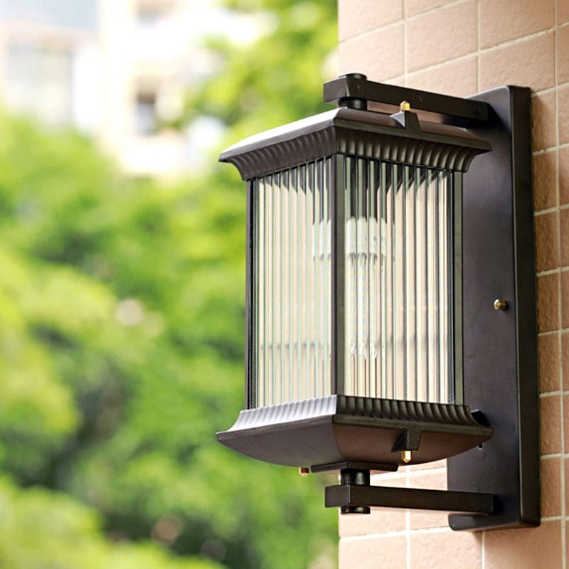 Ribbed Glass Rectangular Shade Wall Light Classic Single Outdoor Wall Lighting Fixture in Coffee