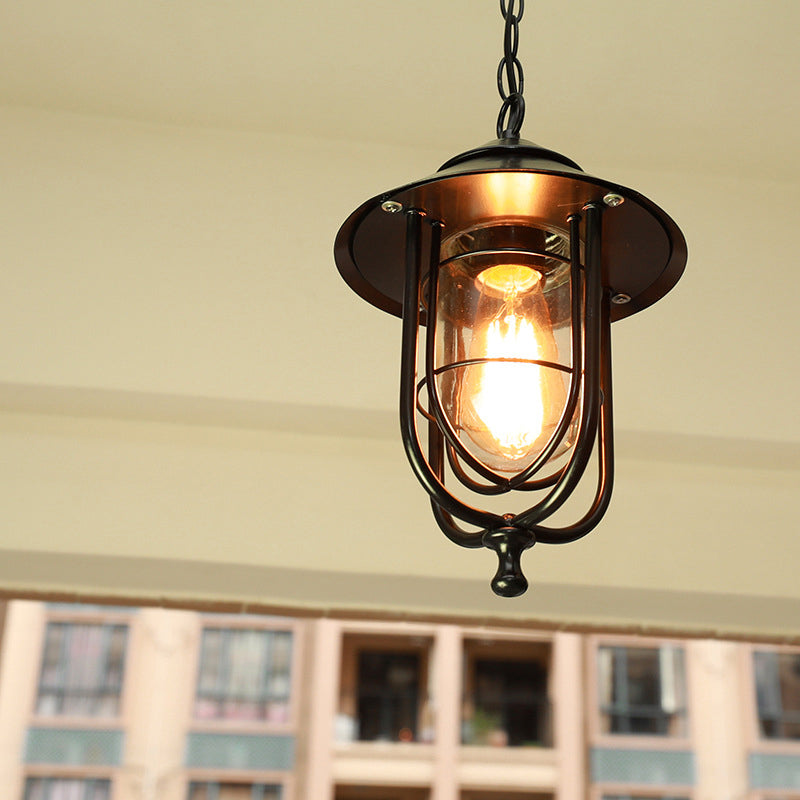 Traditional Cone Ceiling Light Single-Bulb Iron Hanging Pendant Light with Bell Clear Glass Shade for Garden