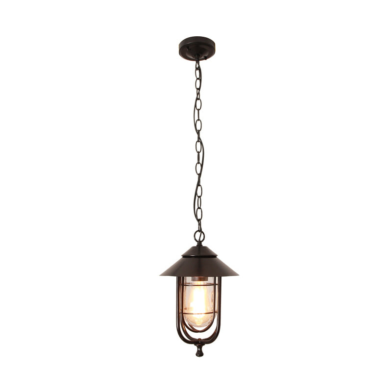 Traditional Cone Ceiling Light Single-Bulb Iron Hanging Pendant Light with Bell Clear Glass Shade for Garden