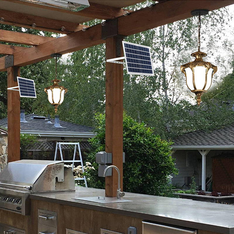 Traditional Bell Shade Solar Ceiling Light Cream Glass LED Hanging Pendant Light for Courtyard
