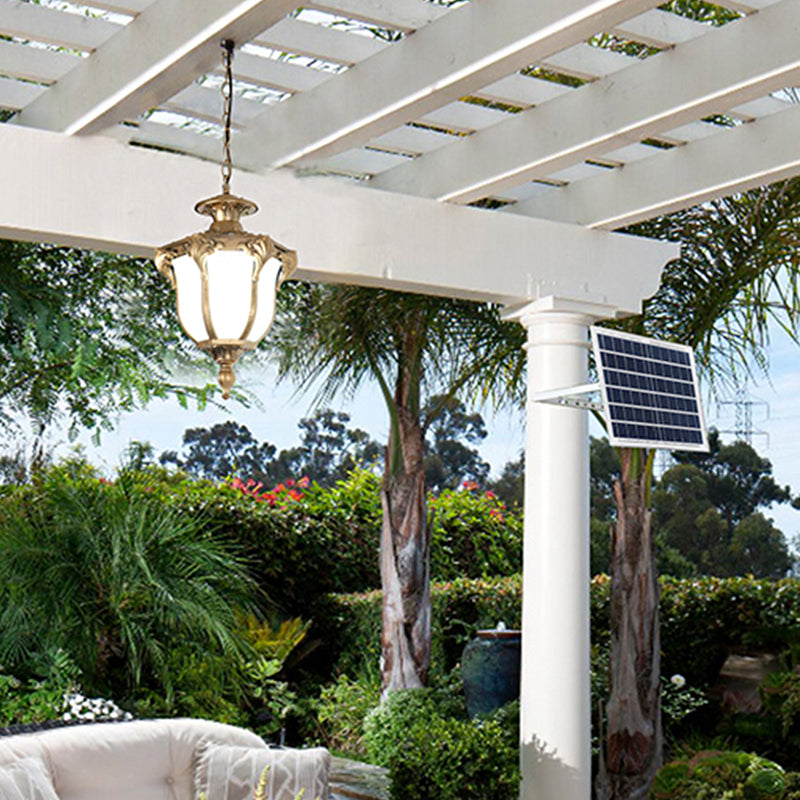 Traditional Bell Shade Solar Ceiling Light Cream Glass LED Hanging Pendant Light for Courtyard
