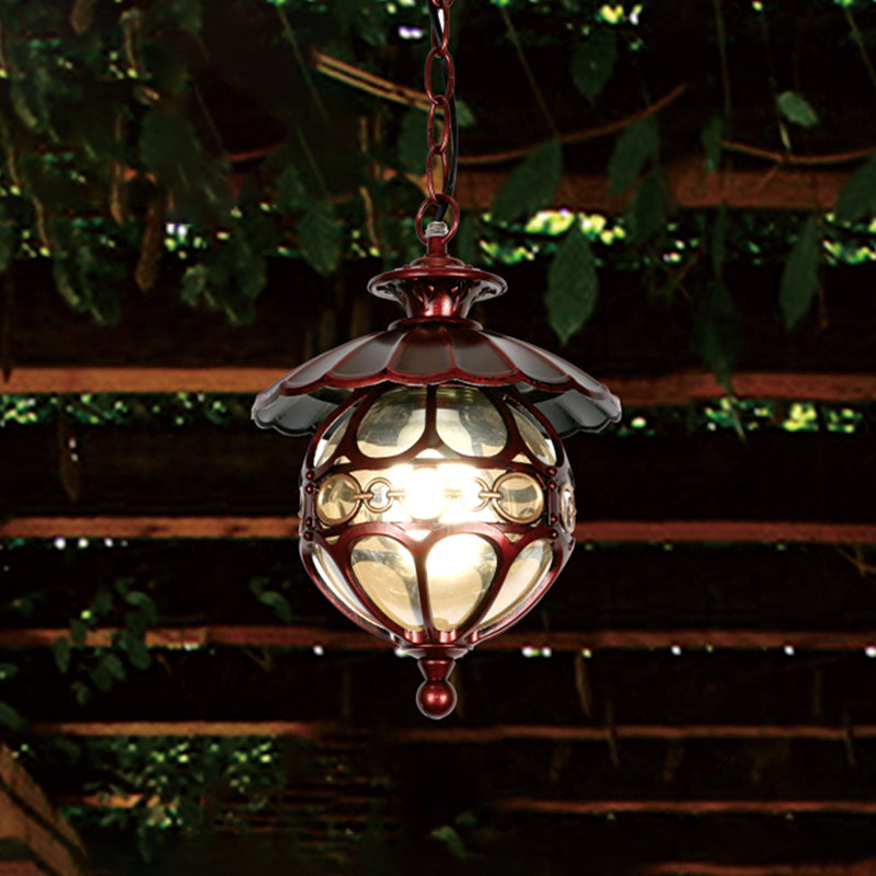 Single-Bulb Pendant Light Vintage Scalloped Aluminium Suspension Light with Globe Beige Glass Shade for Patio