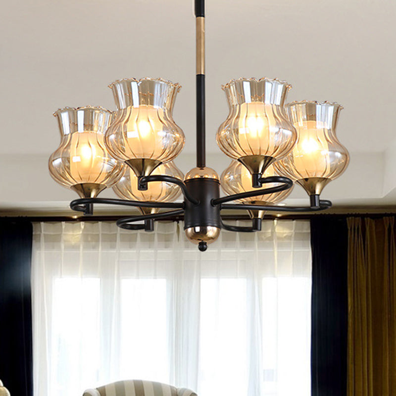 Sputnik Living Room Ceiling Chandelier Classic Tan Textured Glass 3/6/8 Lights Black Hanging Fixture