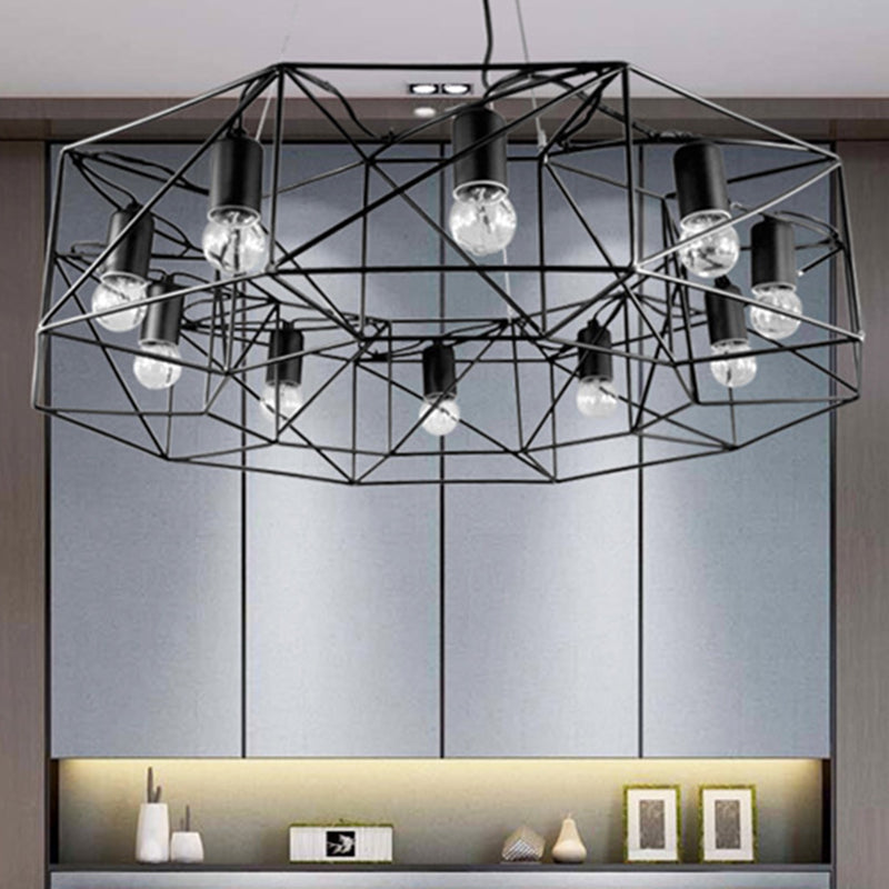 Chandelier de salon de salon à 10 légers géométrique noir avec cage