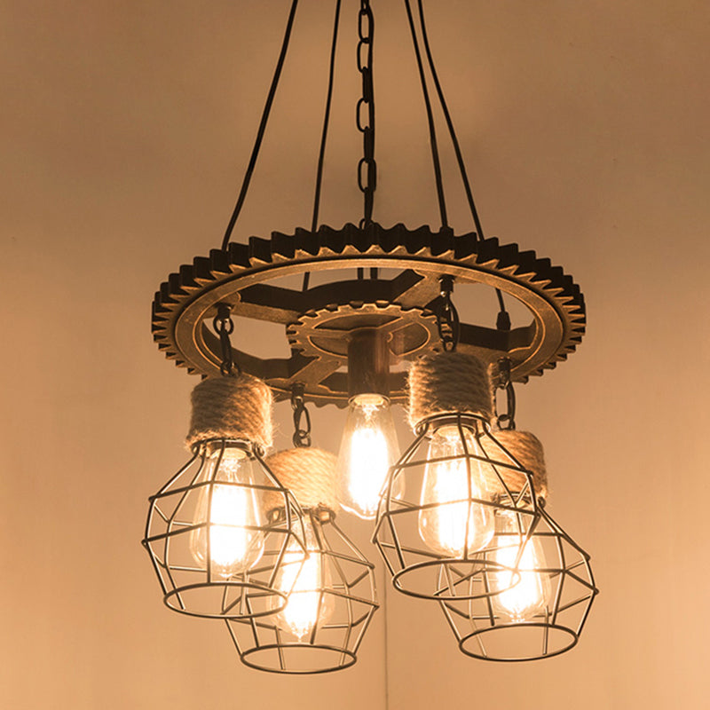 5 lumières Métal et corde Pendre lustre industriel Black Globe Dining Room Plafin Plafond Ayémis