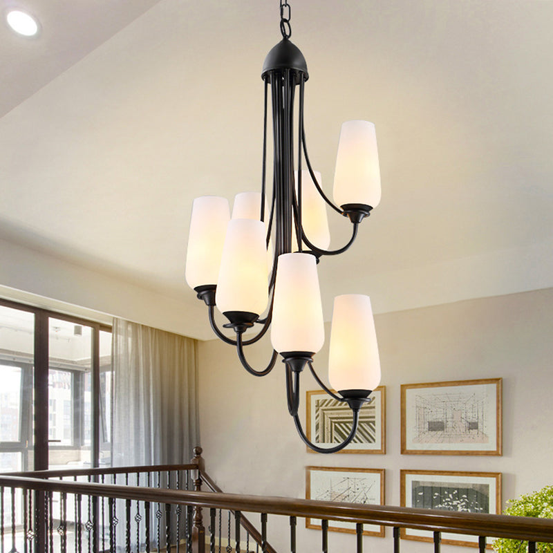 Black Cup Shape Pendant Lighting Traditional Frosted Glass 5/7 Lights Living Room Chandelier for Living Room