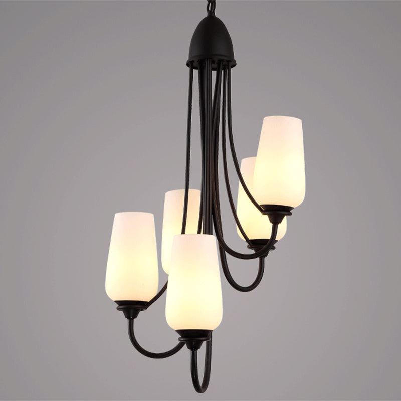 Éclairage pendentif en forme de tasse noire Verre givrée traditionnelle 5/7 lumières salon lustre pour le salon