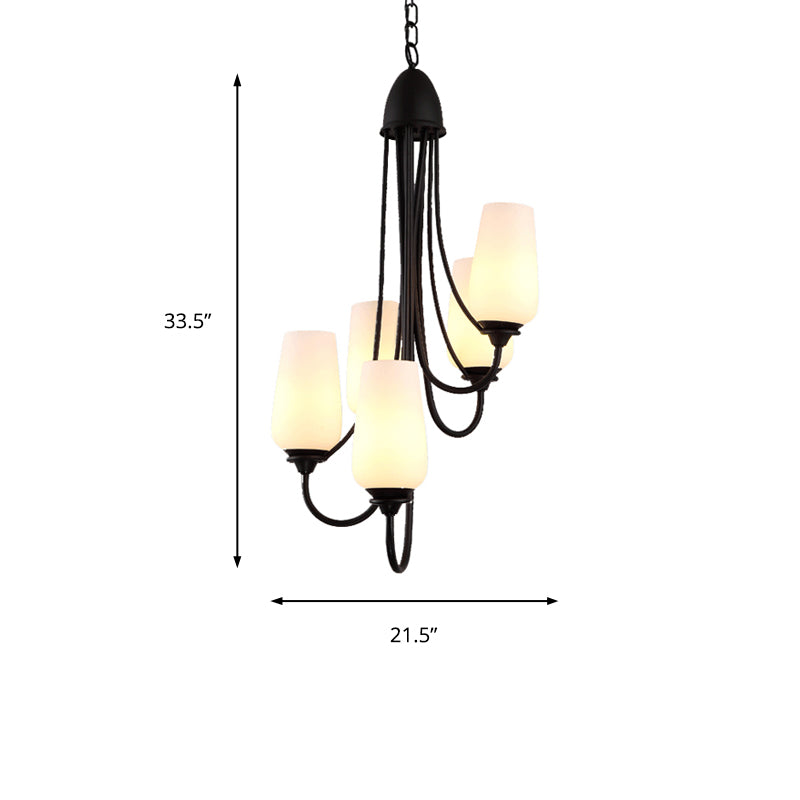 Black Cup Shape Pendant Lighting Traditional Frosted Glass 5/7 Lights Living Room Chandelier for Living Room