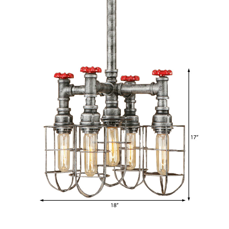 5 Lights Ceiling Light Industrial Caged Amber Glass Hanging Chandelier in Silver with Valve