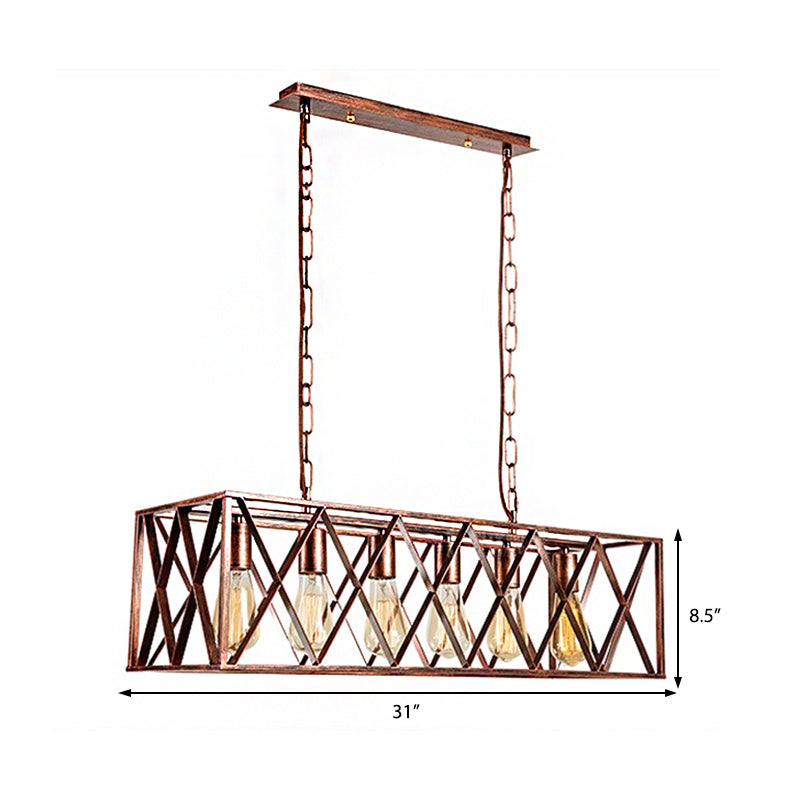 Cross Framed Box Dining Room Island Light Fixture Industrial Metal 6 Lights Rust Hanging Lamp Kit