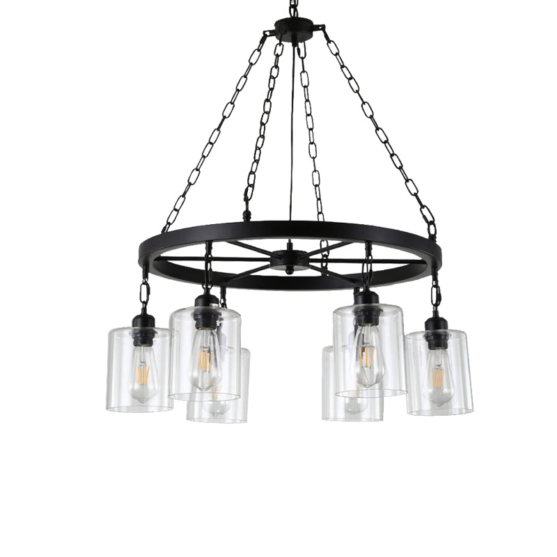 Black 6/8 Lumières Pendard lustre traditionnel Cylindre en verre transparent clair avec conception de roue de wagon