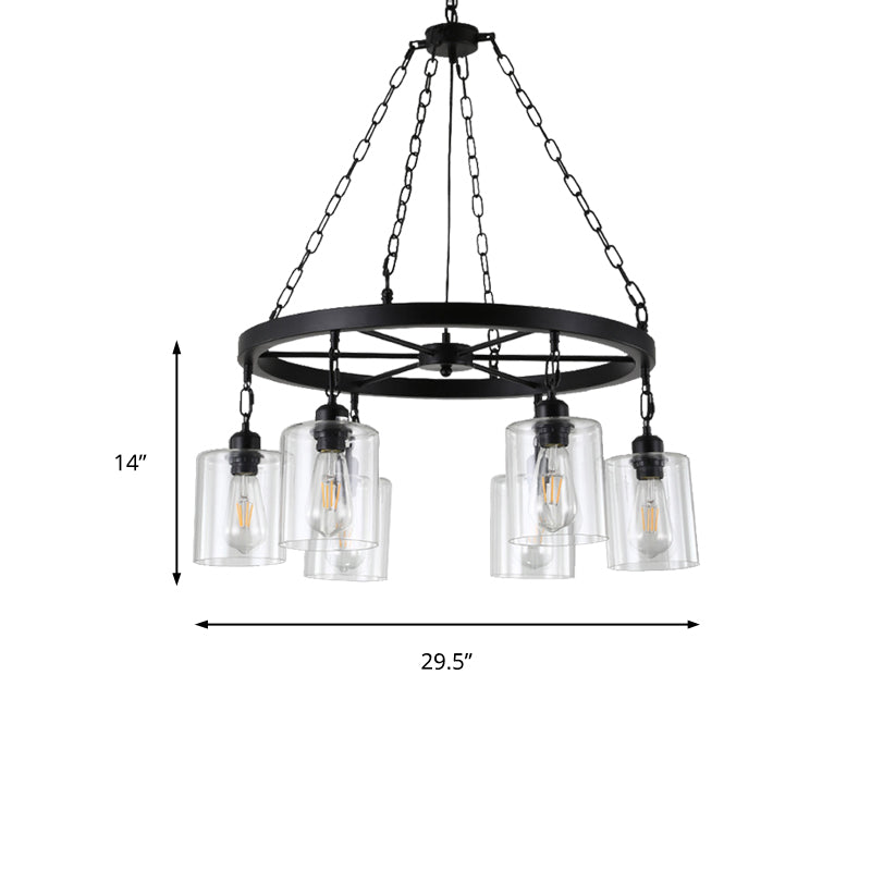 Black 6/8 Lumières Pendard lustre traditionnel Cylindre en verre transparent clair avec conception de roue de wagon