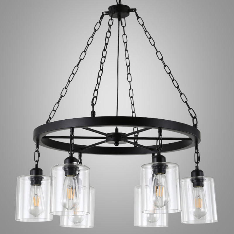 Black 6/8 Lumières Pendard lustre traditionnel Cylindre en verre transparent clair avec conception de roue de wagon