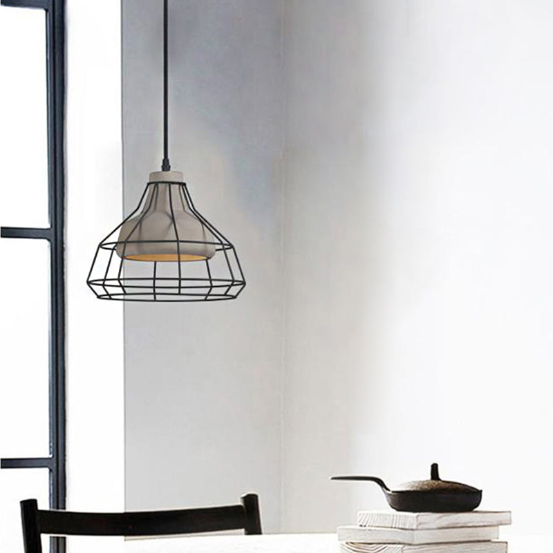 Luz de suspensión de cono de cemento Modernista 1 Lámpara de colgante colgante negro ligero con sombra de jaula de alambre, 10.5 "/14" de ancho