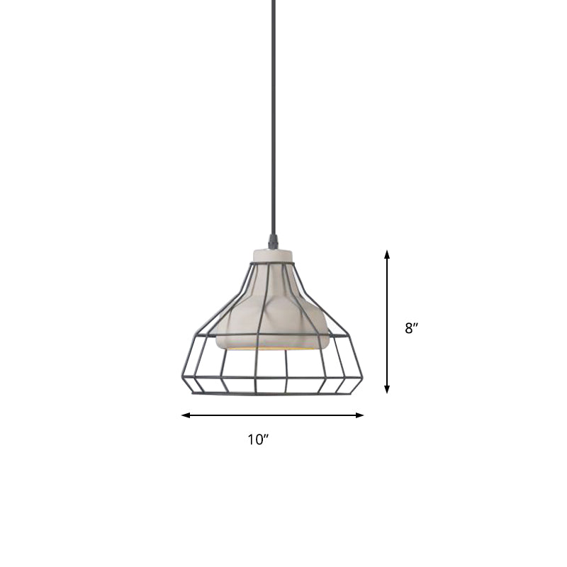 Luz de suspensión de cono de cemento Modernista 1 Lámpara de colgante colgante negro ligero con sombra de jaula de alambre, 10.5 "/14" de ancho