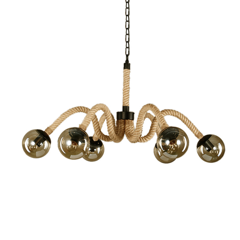 Radial Rope Chandelier Light Traditional 6 Lights Living Room Pendant Lighting with Amber Glass Globe Shade
