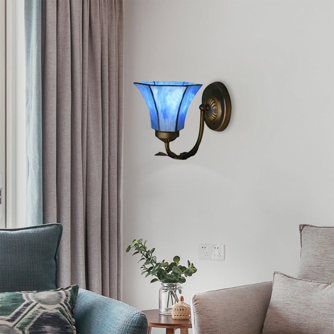 Blue Glass Bell Wall Sconce with Gooseneck 1 Light Vintage Indoor Wall Lighting