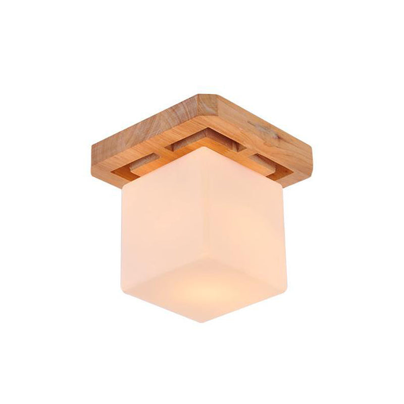 Cube Flush Mount Minimalist Milk Glass Beige LED Flush Mount Lamp with Wood Canopy