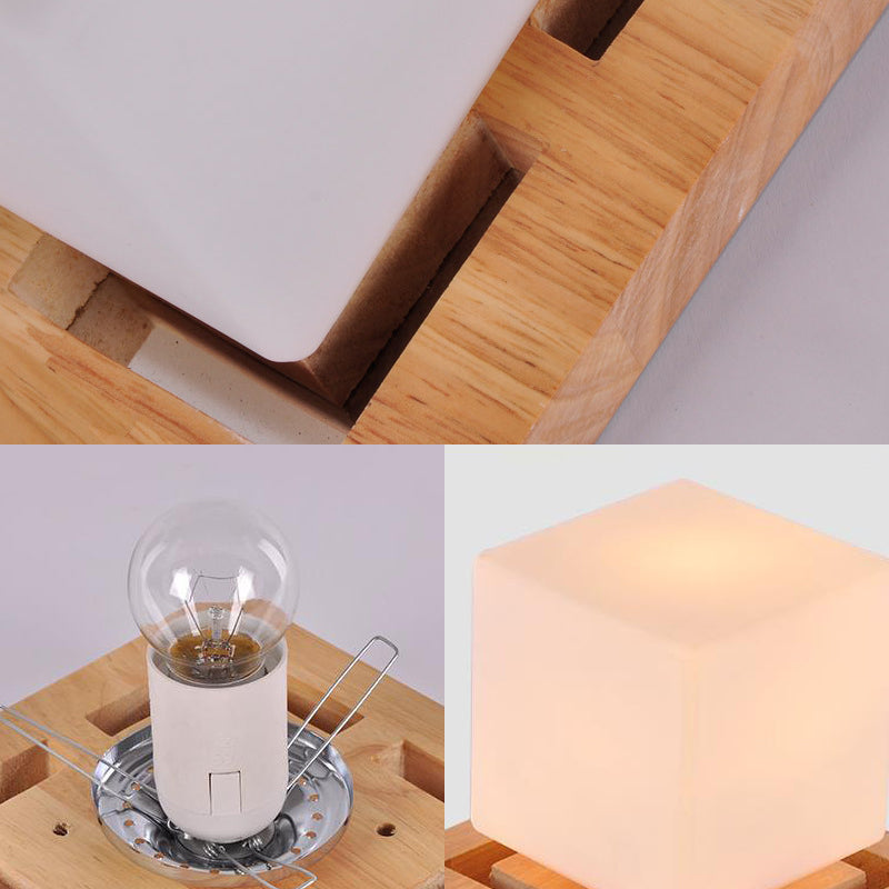 Cube Flush Mount Minimalist Milk Glass Beige LED Flush Mount Lamp with Wood Canopy