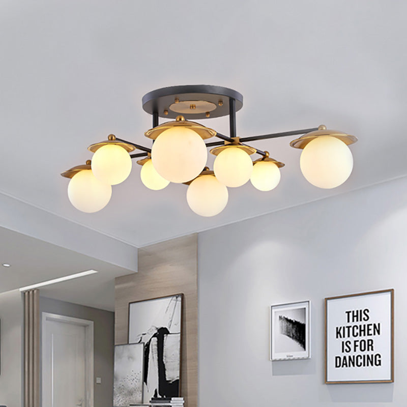 Sala de inicio Sala de estar Semi Flush Mount con Globe White Glass Shade 4/6/8 Luces Modern Gold Semi Flush Lámpara de techo