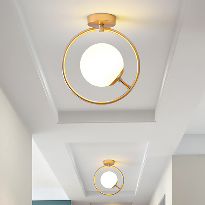 Gold Ball Semi Flush Lighting Modern 1 Light White/Yellow Glass Semi Flush Mount Lamp Fixture with Iron Ring