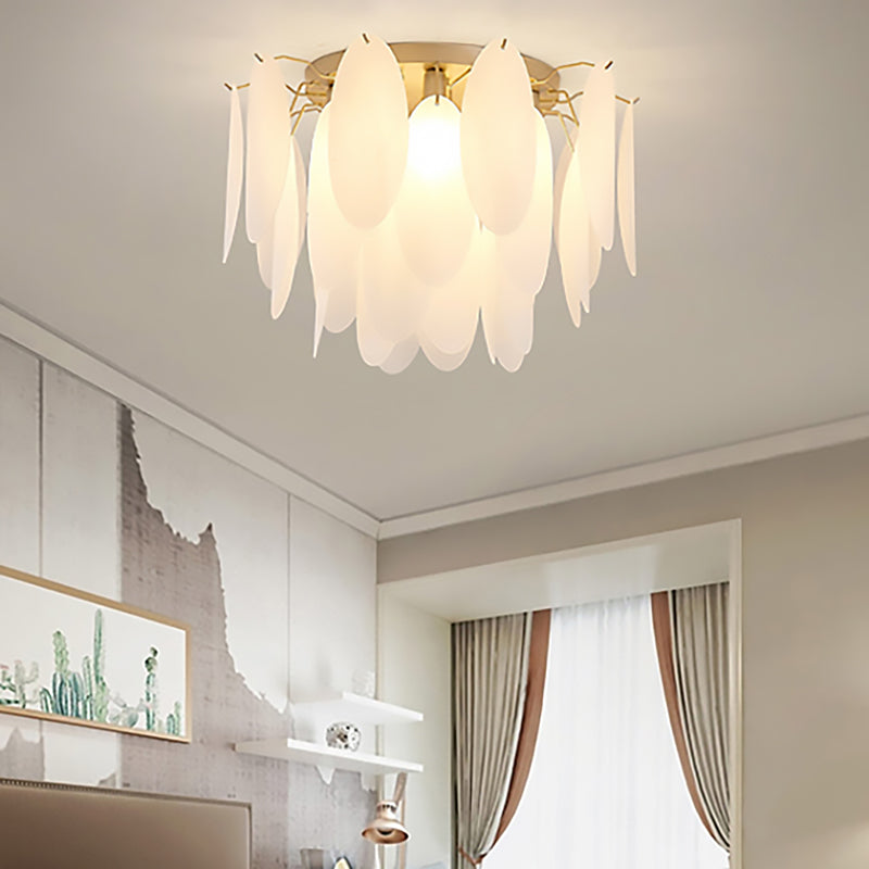 Feather-Shaped Flush Mount Lamp Contemporary White Glass 22.5"/28" Wide 6 Lights Living Room Flush Ceiling Light Fixture