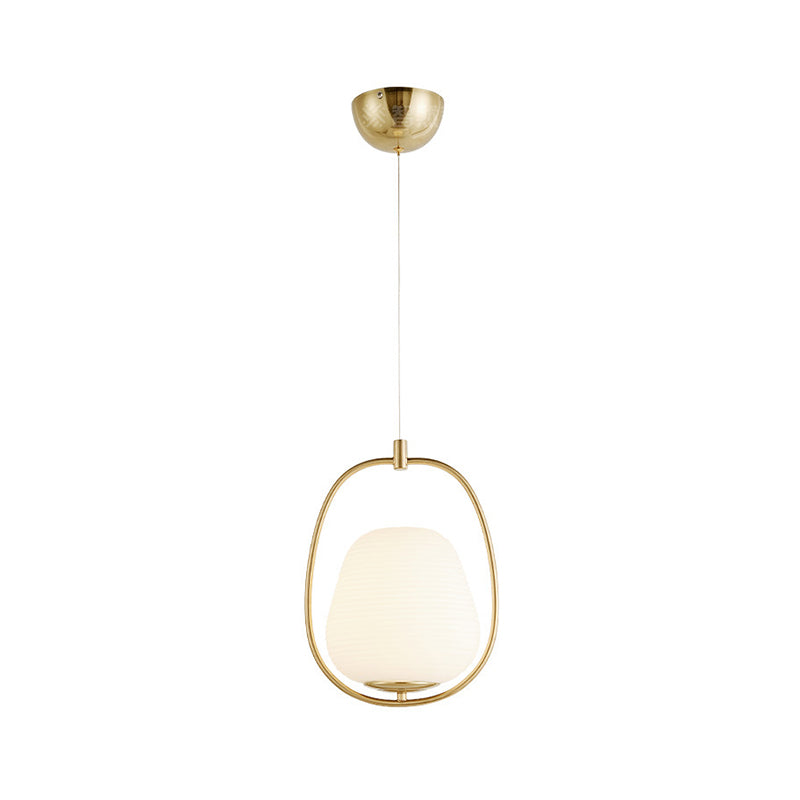 Oval Dining Room Pendant White Glass 1 Light Modern Hanging Lamp Fixture in Gold with Iron Ring