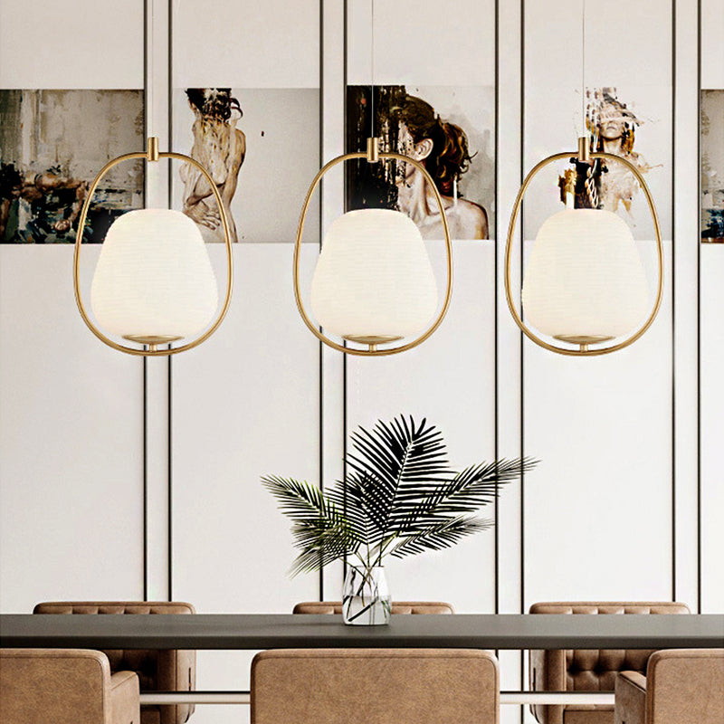 Oval Dining Room Pendant White Glass 1 Light Modern Hanging Lamp Fixture in Gold with Iron Ring