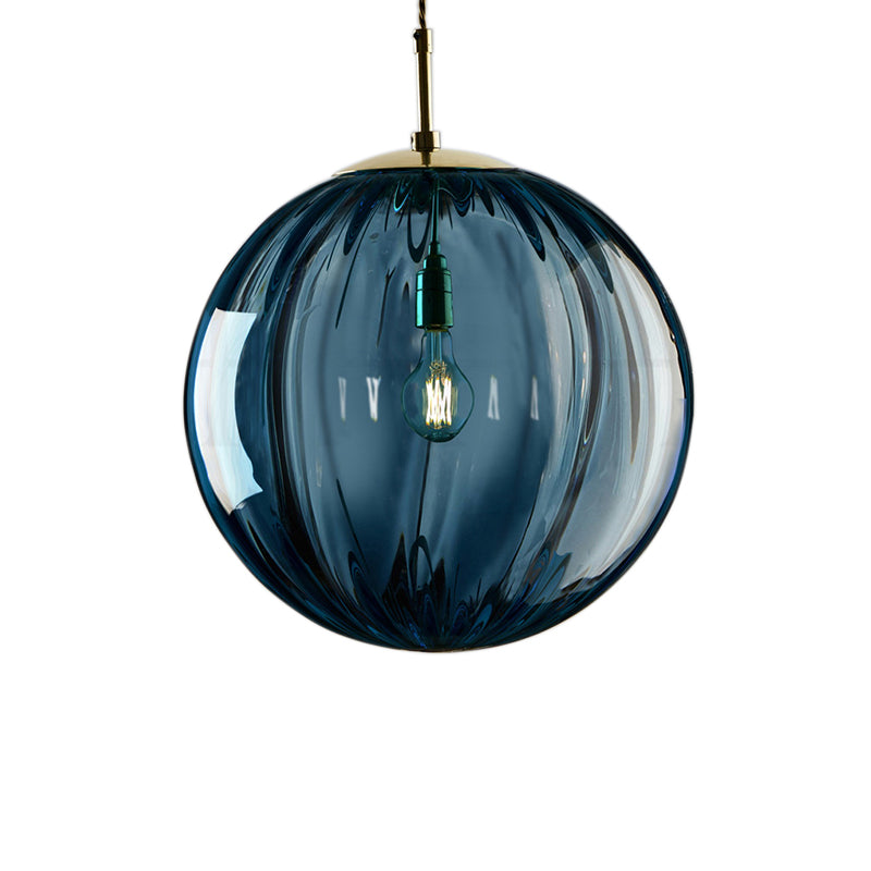 Sphere Pendant Lighting Modern Blue/Purple/Smoky Ribbed Glass 1 Light Led Hanging Ceiling Lamp for Bedroom