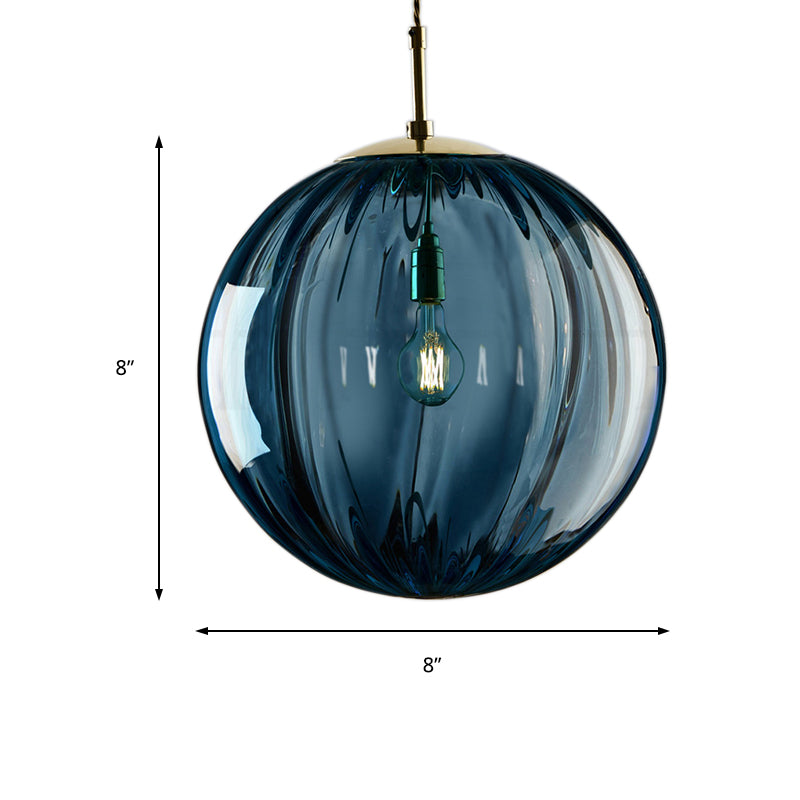 Sphere Pendant Lighting Modern Blue/Purple/Smoky Ribbed Glass 1 Light Led Hanging Ceiling Lamp for Bedroom