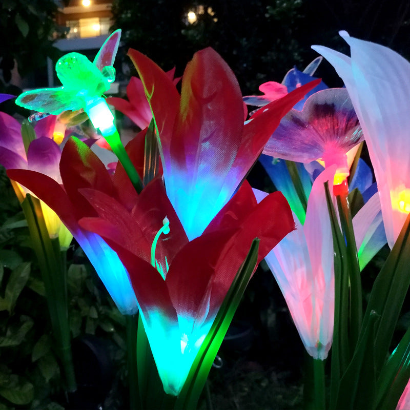 Lily Bouquet LED Lawn Light Contemporary Plastic Outdoor Solar Landscape Lighting, 2 Pcs