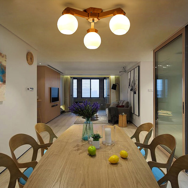 3/5/7 Lichter Branchen Halbmontage Beleuchtung zeitgenössisches Milchglas Halbflush -Halbmontage Licht in Beige mit Holzstoffe Arm