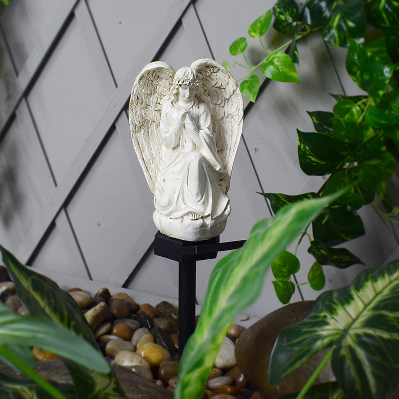 Resin Angel Shaped LED Lawn Lighting Artistic White Solar Stake Light for Backyard