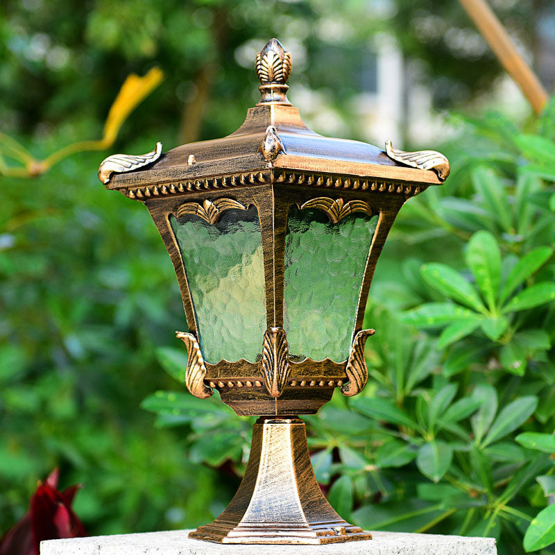 1 Bulb Post Lighting Vintage Flared Square Ripple Glass Landscape Lamp for Outdoor