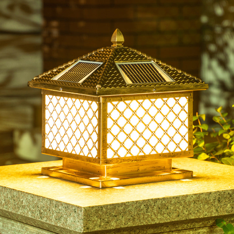 Retro Rectangle Shade Solar Pier Mount Light Frosted Acrylic LED Post Lighting for Outdoor