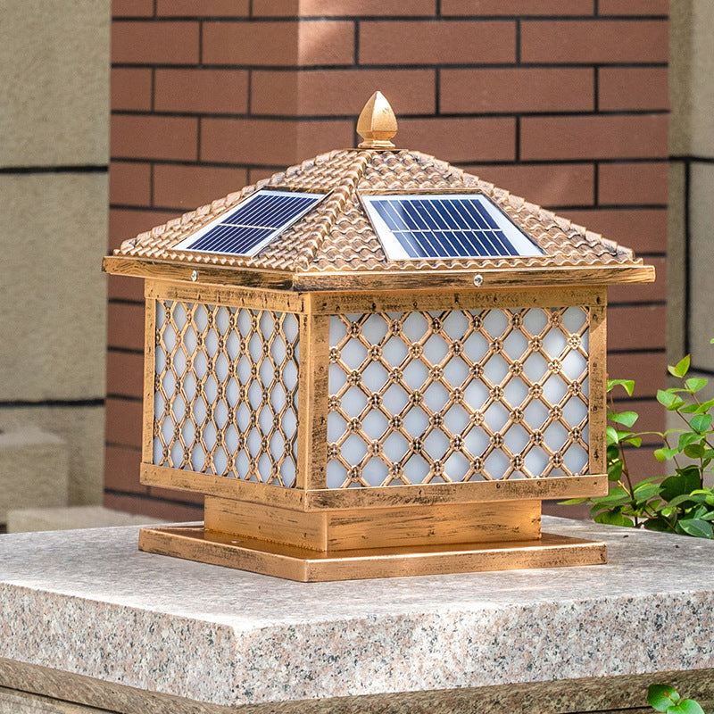 Retro Rectangle Shade Solar Pier Mount Light Frosted Acrylic LED Post Lighting for Outdoor