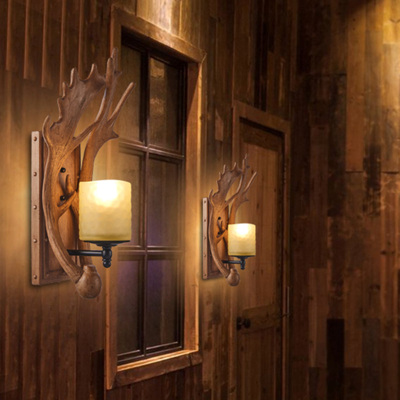 Deer Horn Resin Wall Light Vintage Restaurant Wall Mounted Lamp with Cylinder Beige Glass Shade in Brown
