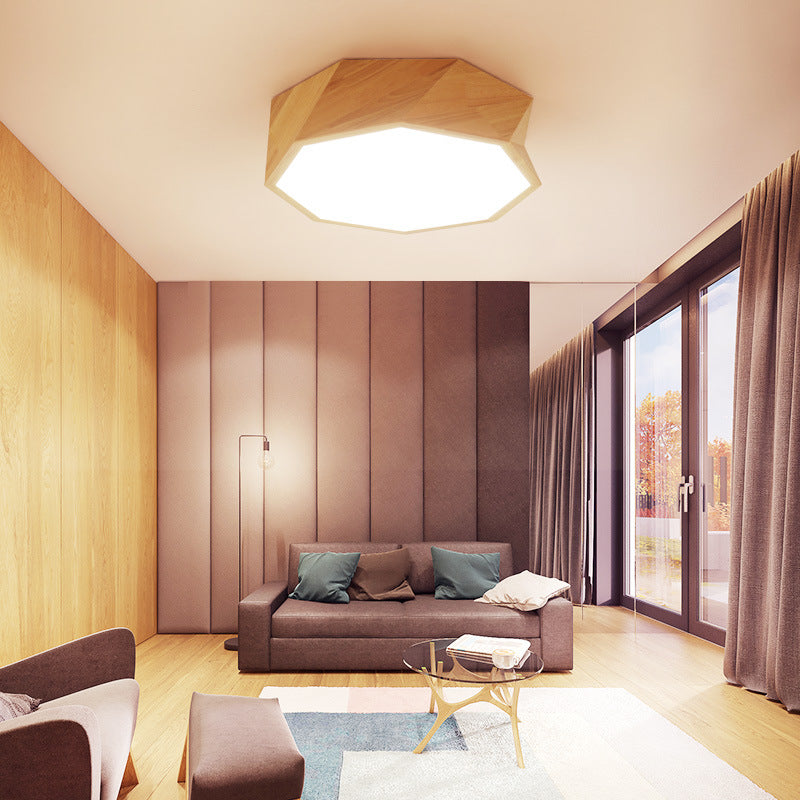 Geometric Ceiling Lighting Contemporary Wood LED Flush Mount Ceiling Fixture in Beige with Acrylic Diffuser