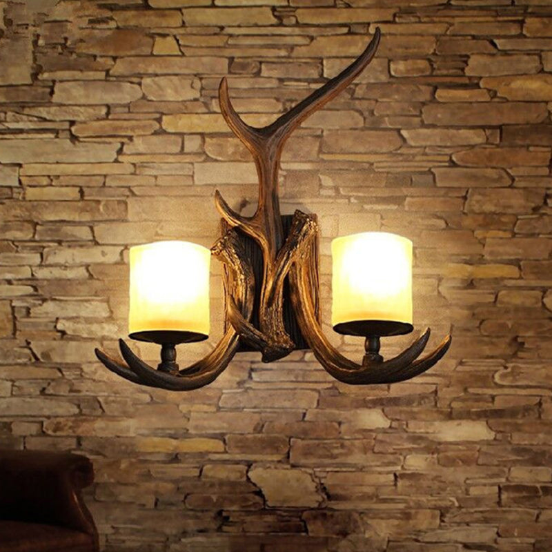 Lámpara de pared de cilindro marrón Vidrículas rústicas 2 bulbos Luz de la pared de la sala de estar con asta decorativa