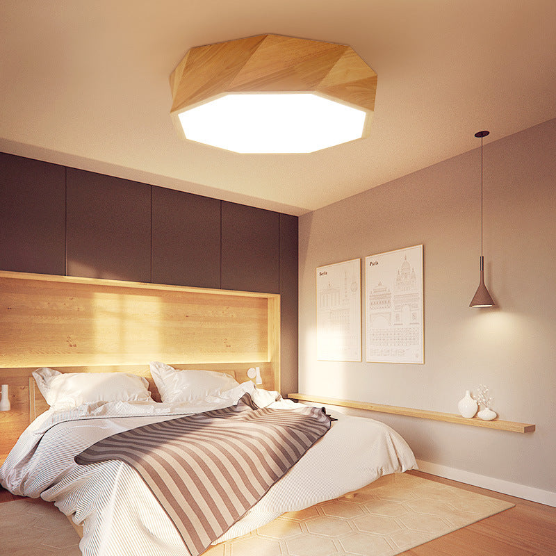 Geometric Ceiling Lighting Contemporary Wood LED Flush Mount Ceiling Fixture in Beige with Acrylic Diffuser