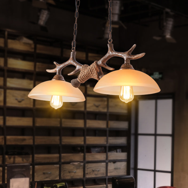 Bowl Shaped Beige Glass Island Pendant Light Rustic 2 Bulbs Restaurant Ceiling Light with Antler Decor in Brown