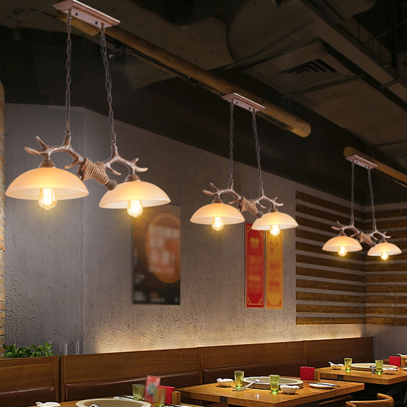 Bowl Shaped Beige Glass Island Pendant Light Rustic 2 Bulbs Restaurant Ceiling Light with Antler Decor in Brown