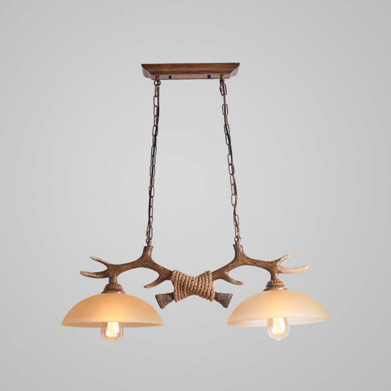 Bowl Shaped Beige Glass Island Pendant Light Rustic 2 Bulbs Restaurant Ceiling Light with Antler Decor in Brown
